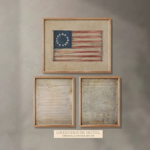 Conjunto fundador de Estados Unidos de 3 impresiones DIGITALES Constitución de los Estados Unidos Declaración de Independencia Betsy Ross Primera Bandera Americana 13 Estrellas