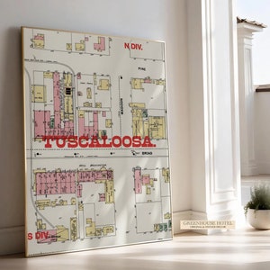 Vintage Tuscaloosa-kaart DOWNLOADBAAR antieke historische kunst Americana decor Historische Tuscaloosa-kaartafdruk