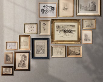 May include: A collection of framed vintage art prints in various sizes and styles, arranged on a gray wall. The prints feature black and white illustrations, including portraits, landscapes, and historical scenes. The frames are in gold, black, and natural wood tones. The text "GREENHOUSE HOTEL ORIGINAL & VINTAGE DECOR" is at the bottom.