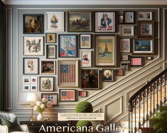 May include: A wall gallery featuring framed artwork with an Americana theme. The gallery includes images of historical figures, flags, and patriotic scenes. The gallery is located in a room with a staircase and a wooden floor. The text "GREENHOUSE HOTEL ORIGINAL & VINTAGE DECOR Americana Gallery" is displayed below the gallery.