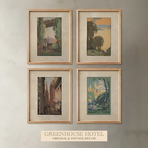 May include: Set of four framed vintage prints depicting scenes of New York City. The prints are in a light wood frame and feature a variety of scenes, including a bridge, a street, a park, and a building. The prints are all in a similar style and are perfect for adding a touch of vintage charm to any home.