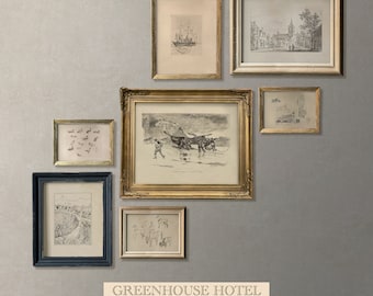 May include: A collection of framed black and white drawings on a light gray wall. The drawings include a ship, a city scene, a group of people, and a group of birds. The frames are all different sizes and styles. The text "GREENHOUSE HOTEL ORIGINAL & VINTAGE DECOR" is at the bottom of the image.