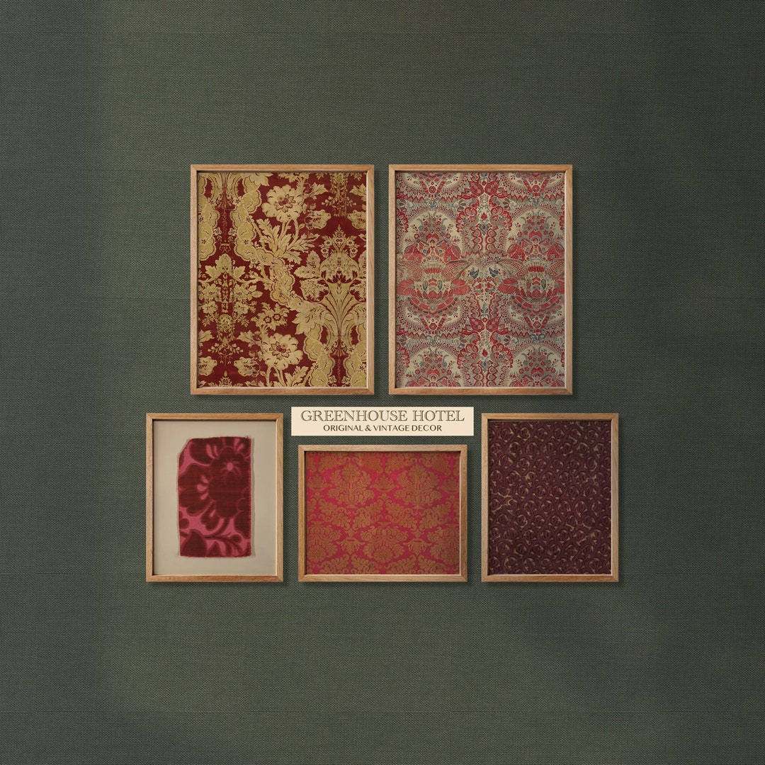 Red Vintage Fabric Art Prints: Antique Textile Decor (digital Set of 5 ...