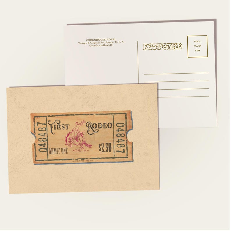 May include: A vintage postcard and a rodeo ticket. The ticket is tan with a red and black illustration of a cowboy riding a bucking bronco. The postcard is white with the words "POST CARD" in a decorative font.