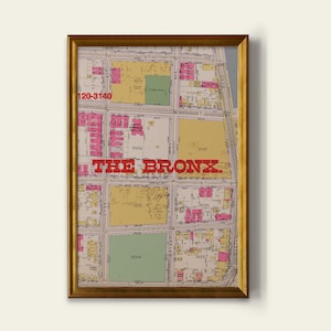 May include: A framed map of The Bronx, with a gold-colored frame. The map features a grid layout with various colors, including pink, yellow, and green, and the text "THE BRONX" in large red letters. The map is a vintage style.