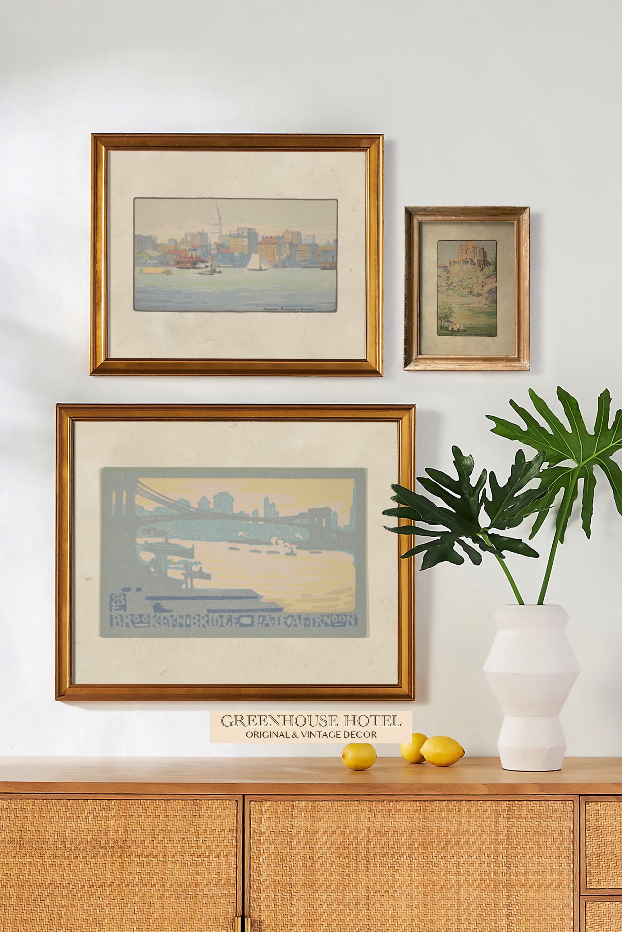 Vintage NYC Americana Art Print Set: Brooklyn Bridge, Singer Building ...