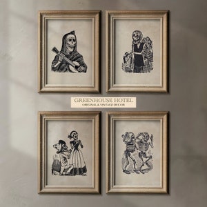 Esqueleto Arte Vintage Impresión SET de 4 IMPRIMIBLE Esqueleto Antiguo Arte Día de Muertos Día de Muertos Vintage Halloween Decoración Arte Mexicano