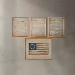 Impresiones digitales de los documentos fundacionales de los Estados Unidos: Constitución, Declaración de Independencia, Betsy Ross y Carta de Derechos, carteles de educación cívica