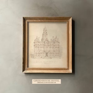 Impresión de boceto de arquitectura vintage, dibujo a carboncillo para decoración de pared, grabado de hotel francés, arte a lápiz del siglo XIX, descarga instantánea de impresión digital