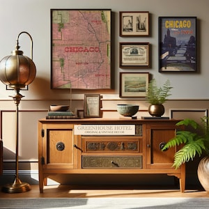 May include: A room featuring a wooden cabinet with decorative drawers and a collection of framed vintage artwork. The artwork includes a Chicago map, cityscapes, and a travel poster. A brass floor lamp and potted plants add to the decor.