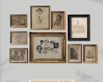 May include: A wall gallery featuring nine framed black and white drawings in various sizes and styles. The frames are mostly gold with one black frame. The drawings include portraits, landscapes, and architectural scenes. The text "GREENHOUSE HOTEL ORIGINAL & VINTAGE DECOR" is at the bottom of the image.