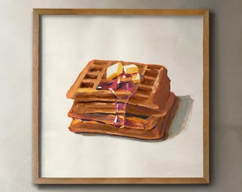 Pintura de waffles con jarabe de arce / Impresión artística original para decorar el rincón del desayuno