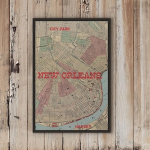 Vintage New Orleans Karte Drucken, rosa und rote Wanddekoration, Louisiana Housewarming Decor