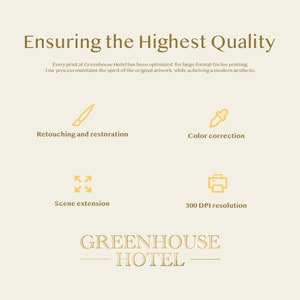 May include: Cream-colored graphic with text "Ensuring the Highest Quality" and "Greenhouse Hotel" logo. Features icons for retouching, color correction, scene extension, and 300 DPI resolution.