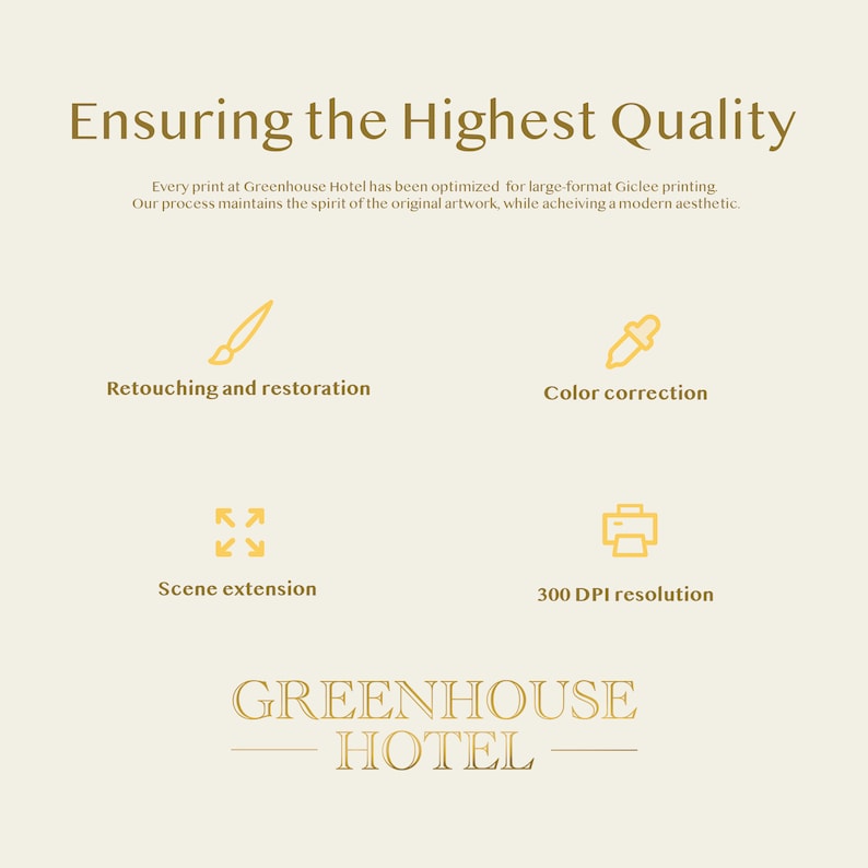 May include: Cream-colored graphic with text "Ensuring the Highest Quality" and "Greenhouse Hotel" logo. Features icons for retouching, color correction, scene extension, and 300 DPI resolution.