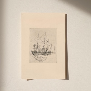 May include: A black and white line drawing of a ship with multiple masts and sails, docked at a pier. The ship is surrounded by smaller boats.