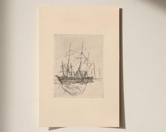 Vintage Sailboat Print: 1800s Charcoal Sketch, Sailing Wall Art