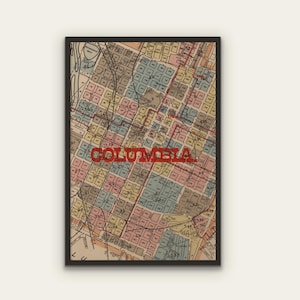 Columbia SC Vintage Map Print Antique 1950s Decor Wall Art South Carolina Map Poster Vintage Map Decor Housewarming Gift Vacation Decor