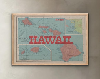 1930's Vintage Hawaii State Map Cartoon Map Print Gallery Wall Art