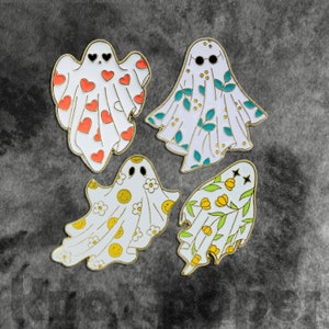 Spooky Ghosts Lovely Enamel Pin Collection - Heart Ghost, Halloween Pin, Floral Gothic