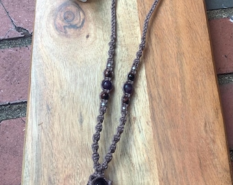 Purple Fluorite, Red Tiger’s Eye & Seed Beaded Hand-Knotted Hemp Cord Macrame Wrapped Crystal / Stone Necklace