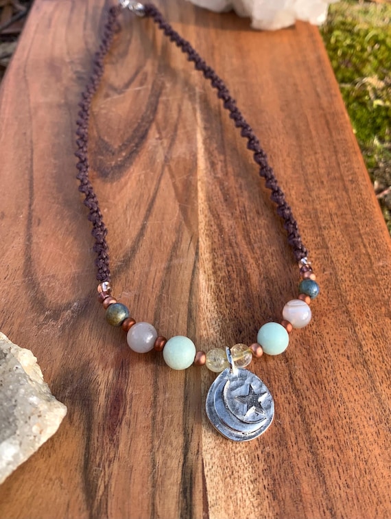Moon & Star Silver Plated Necklace - Citrine / Marketplaceite / Agate / Sodalite / Beaded Hand-Knotted Hemp Macrame Choker Style Crystal Necklace