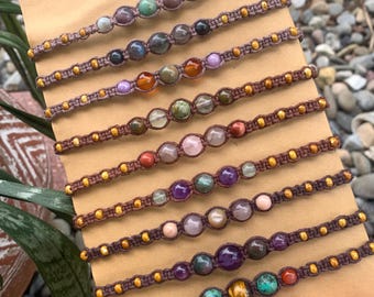 Hand-Knotted Hemp Cord Genuine Crystal/Stone & Seed Beaded Macrame Adjustable Anklets - Boho/Hippie Style Jewelry- Details in Description