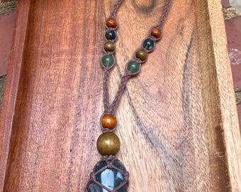 Hand-Knotted Hemp Wrapped Moss Agate Crystal Car Charm / Window Hanging with Green Aventurine & Wood Beads