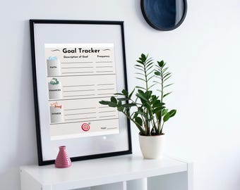 May include: A black framed printable goal tracker with a white background. The tracker has four categories: Faith, Finances, Fitness, and Success. Each category has a small icon and a space for a description of the goal and the frequency. There is a target icon and a space for the year at the bottom of the tracker.