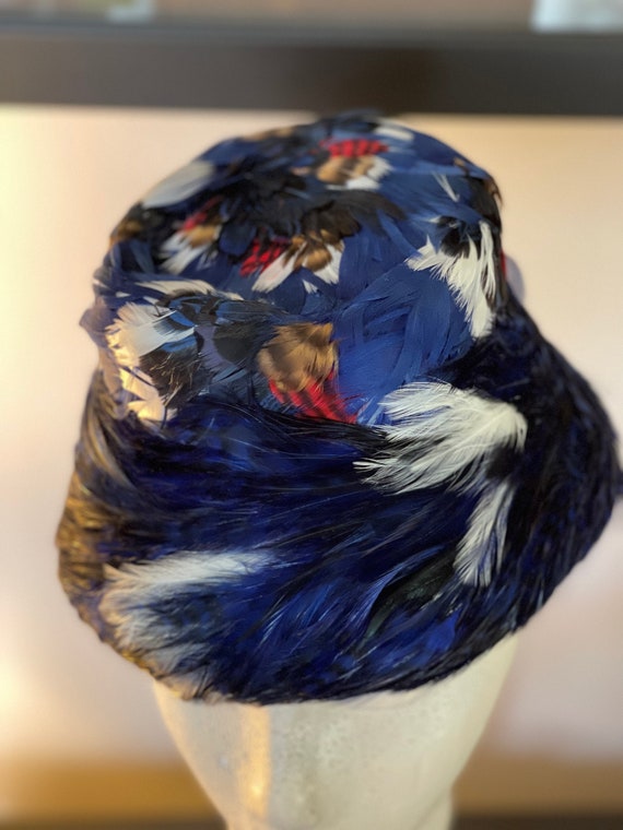 Vintage Blue/White/Red Feather Pillbox Hat Union M