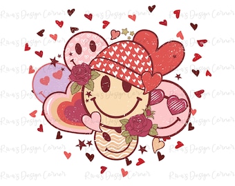 Valentijnsdag smiley gezichten PNG sublimatie ontwerp, Valentijnsdag liefde glimlach cowboy harten rozen digitale download tshirt ontwerp, retro Valentijn