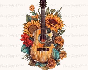 Gitara Słonecznik png, Muzyka Country, Western png, Miłośnik Muzyki Country, Southern png, Pliki DTG, Sublimacja Zachodnia, Pobieranie Projektów Sublimacji