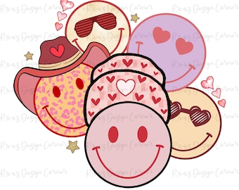 Valentines Smiley Faces PNG, Sublimation Design, Valentijnsdag PNG Smile Cowboy Hearts Roses Digital Download Tshirt Design, Retro Smiley
