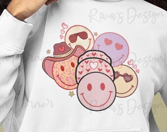 Retro SMILEY, Valentijnsdag PNG, Sublimatie Design, Valentijnsdag Love Smile Cowboy Hearts Roses Digital Download Tshirt Design