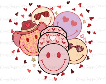 Valentijnsdag Love Smile, Valentines Smiley Faces PNG Sublimation Design, Cowboy Hearts Roses Digital Download Tshirt Design, Retro Valentine