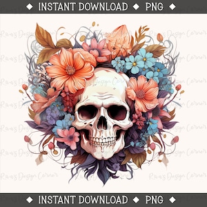 Floral Skull PNG, Sublimation Digital Design Download, Trendy Halloween,Flowers png,Skeleton png,Butterfly png,Trendy png,Boho png,Retro png