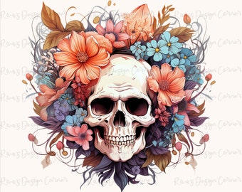 Crâne floral PNG, Sublimation Digital Design Download, Trendy Halloween, Flowers png, Skeleton png, Butterfly png, Trendy png, Boho png, Retro png