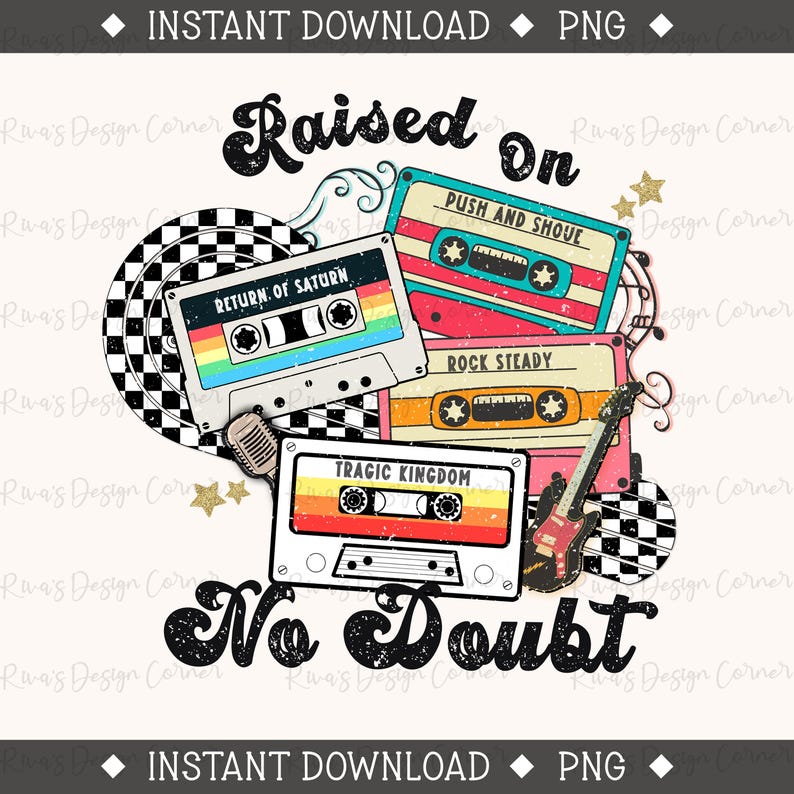 Puede incluir: Un dise&ntilde;o gr&aacute;fico retro con cintas de cassette con las frases "Return of Saturn", "Push and Shove", "Rock Steady" y "Tragic Kingdom". Tambi&eacute;n se incluyen las palabras "Raised On" y "No Doubt". Un micr&oacute;fono, una guitarra y estrellas completan el dise&ntilde;o.