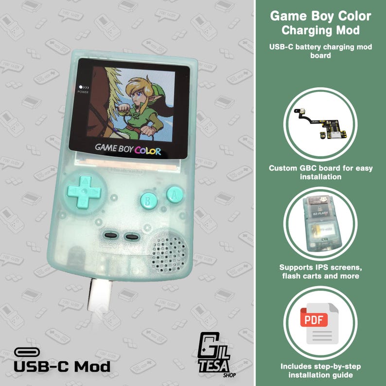 以下が含まれることがあります： USB-C充電モジュールを搭載したミントグリーンのゲームボーイカラー。ゲーム画面が表示されています。デバイスにはミントグリーンの十字キーとボタンがあります。画面には「GAME BOY COLOR」と「USB-C Mod」と表示されています。