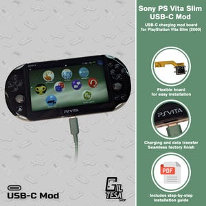Könnte beinhalten: Schwarze Sony PS Vita Slim Konsole mit USB-C-Lademodul. Der Bildschirm zeigt App-Symbole an. Das Bild enthält Text: "Sony PS Vita Slim USB-C Mod" und "USB-C charging mod board for PlayStation Vita Slim (2000)".