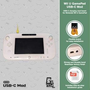 Puede incluir: Mando Wii U blanco con pantalla negra, conectado a un cable amarillo. La imagen incluye texto: "Wii U GamePad USB-C Mod" y "USB-C charging mod board for Nintendo Wii U GamePad."