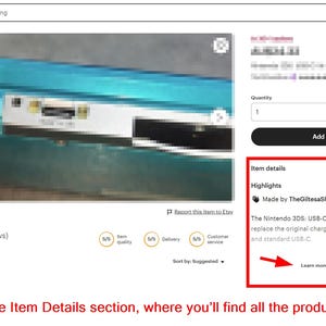 May include: A teal Nintendo 3DS console with a white charging port. The image is a product listing on Etsy, with details about the item and shop reviews. The text states the item is a USB-C kit to replace the original charging connector.