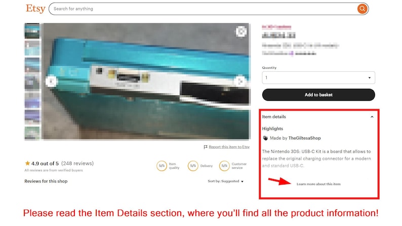 May include: A teal Nintendo 3DS console with a white charging port. The image is a product listing on Etsy, with details about the item and shop reviews. The text states the item is a USB-C kit to replace the original charging connector.