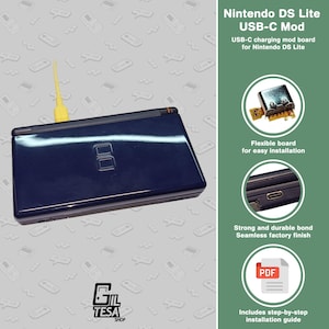 May include: A navy blue Nintendo DS Lite console with a yellow USB-C charging cable plugged in. The image includes text that reads "Nintendo DS Lite USB-C Mod" and details about the mod board, including a step-by-step installation guide.