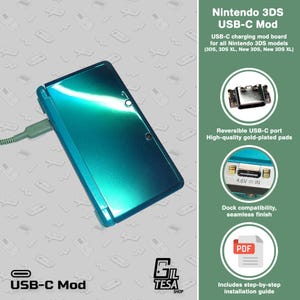 May include: A teal Nintendo 3DS console with a USB-C charging mod. The image includes text that reads "Nintendo 3DS USB-C Mod" and details about the mod's features, such as a reversible USB-C port and dock compatibility.