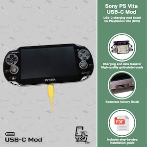 Op de afbeelding: Een zwarte Sony PlayStation Vita handheld gameconsole met een gele USB-C oplaadkabel. De afbeelding bevat de tekst "Sony PS Vita USB-C Mod" en details over opladen en gegevensoverdracht.