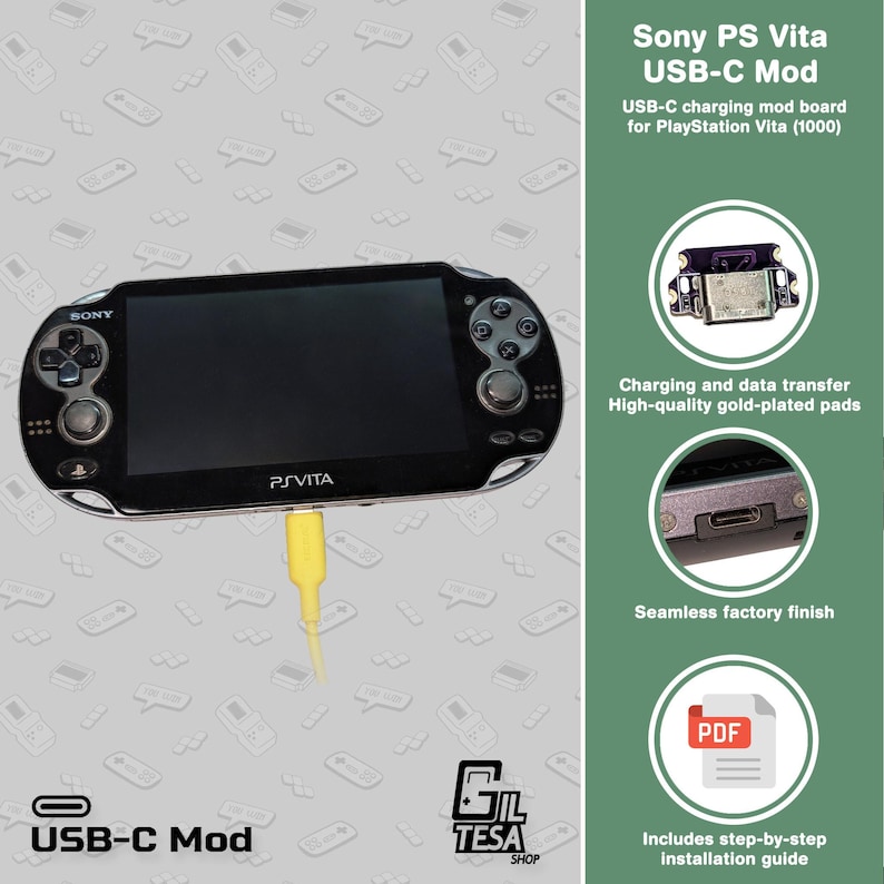 May include: A black Sony PlayStation Vita handheld game console with a yellow USB-C charging cable. The image includes text that reads "Sony PS Vita USB-C Mod" and details about charging and data transfer.