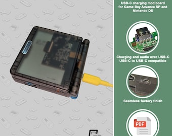 May include: A black Game Boy Advance SP with a clear front, connected to a yellow USB-C cable. The image includes text: "GBA SP & NDS USB-C Mod" and "USB-C charging mod board for Game Boy Advance SP and Nintendo DS."