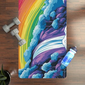 Rainbow Over a Cascading Waterfall, Uplifting and Joyful, Vibrant and Colorful Lighting, Custom Yoga Mat