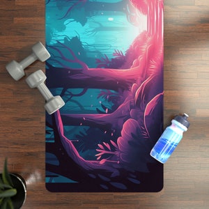 Captivating Glowing Forest Path Yoga Mat - Otherworldly Bioluminescent Lighting